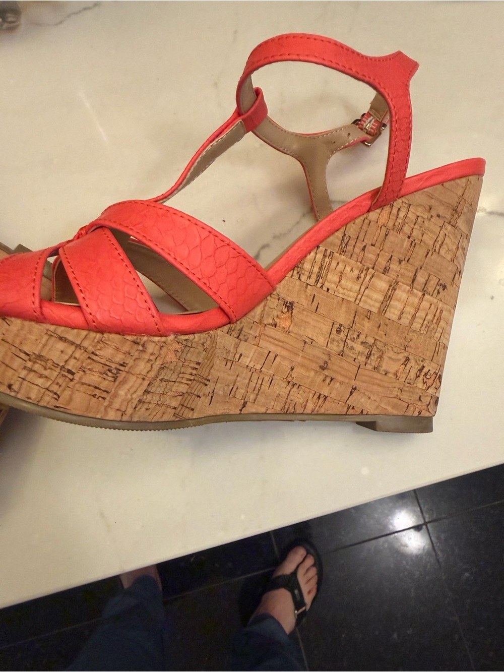 Thalia Sodi Coral T-Strap Cork Wedge Sandals